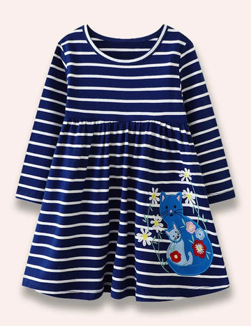 Floral Cat Appliqué Striped Dress - Mini Taylor
